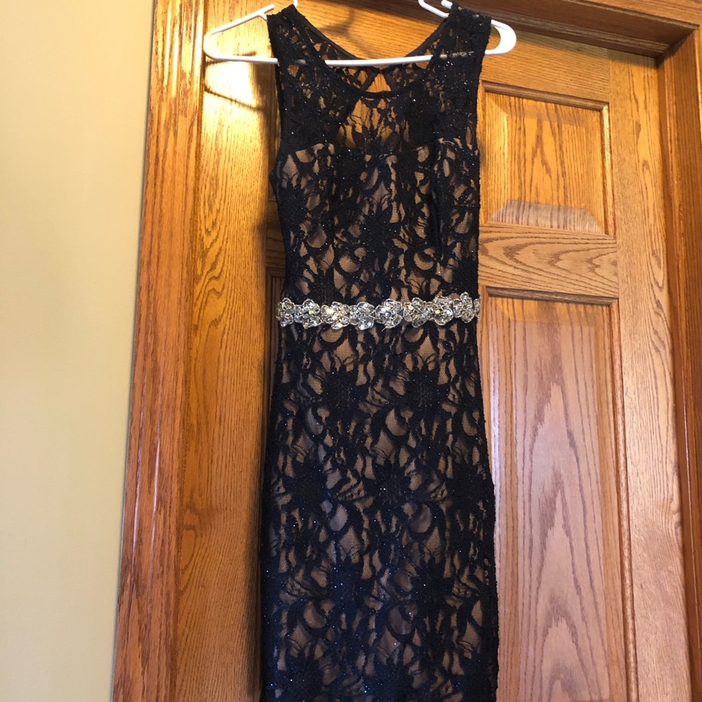 Elegant Navy Lace Dress with Silver Accents